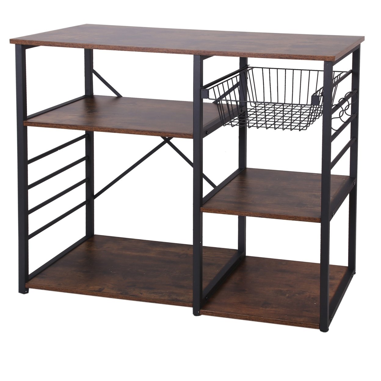 Wood and Metal Bakers Rack with 4 Shelves and Wire Basket, Brown and Black- Saltoro Sherpi