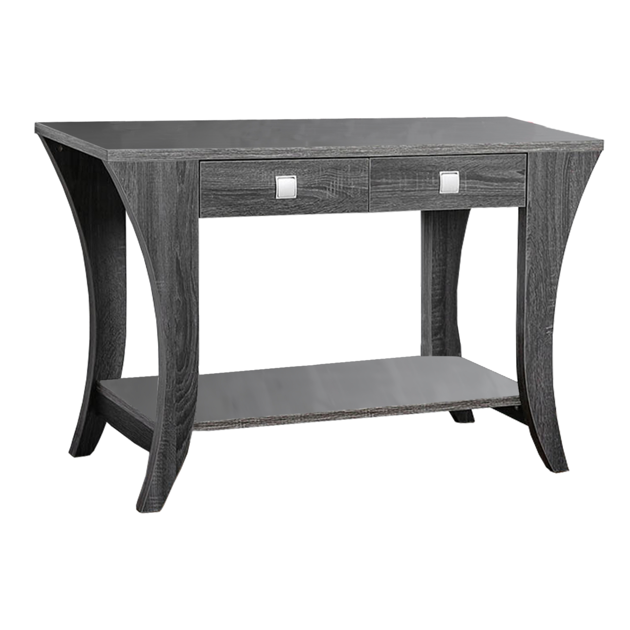 Two Drawers Wooden Sofa Table With Bottom Shelf And Swooping Curled Legs, Gray- Saltoro Sherpi
