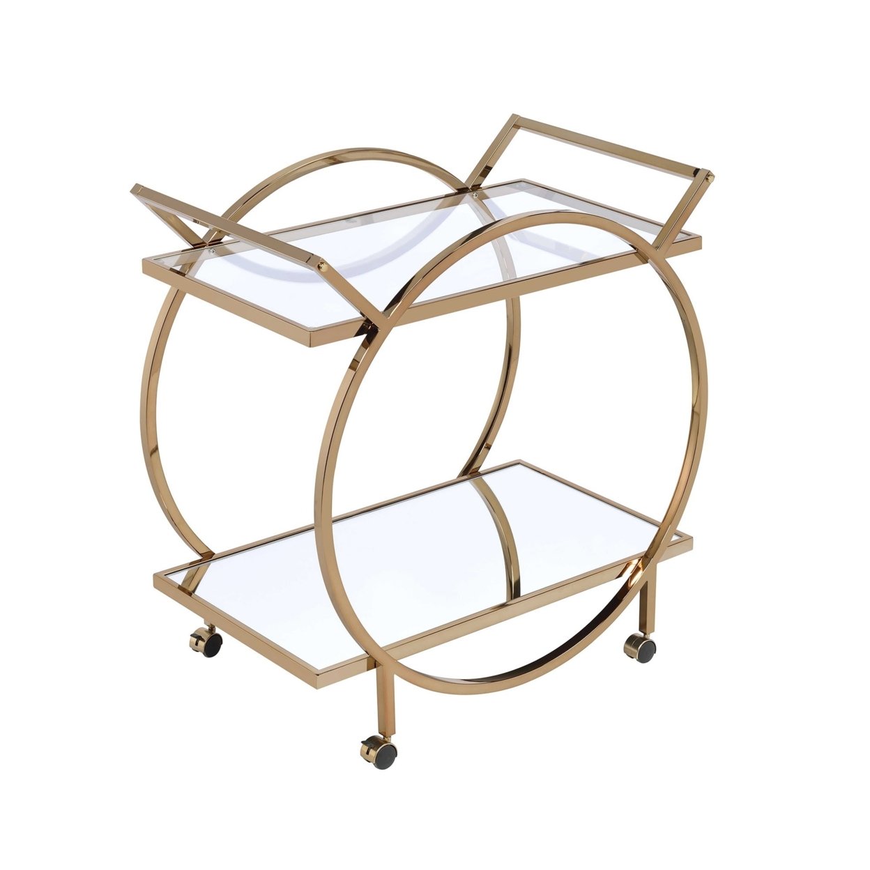 Metal Serving Cart With Mirrored Open Shelf And Tubular Angled Handles, Gold And Clear- Saltoro Sherpi