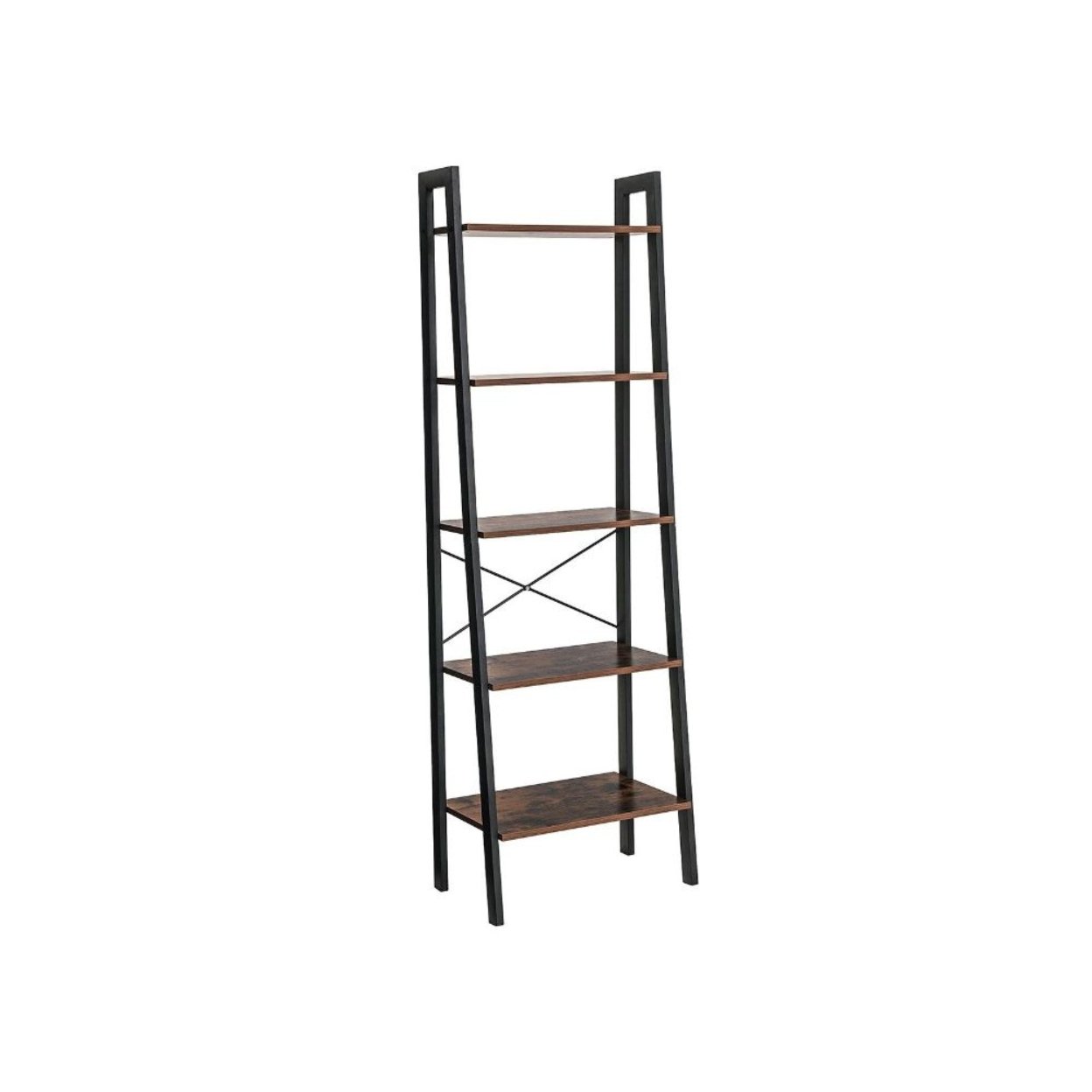 Five Tiered Rustic Wooden Ladder Shelf With Iron Framework, Brown And Black- Saltoro Sherpi