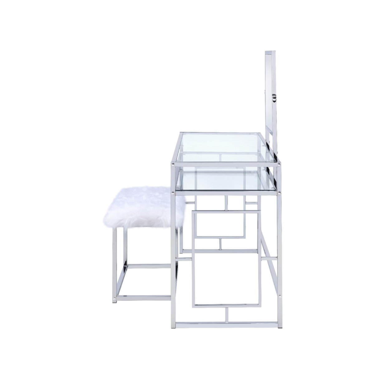 Glass And Metal Vanity Set With Faux Fur Stool, White And Silver- Saltoro Sherpi