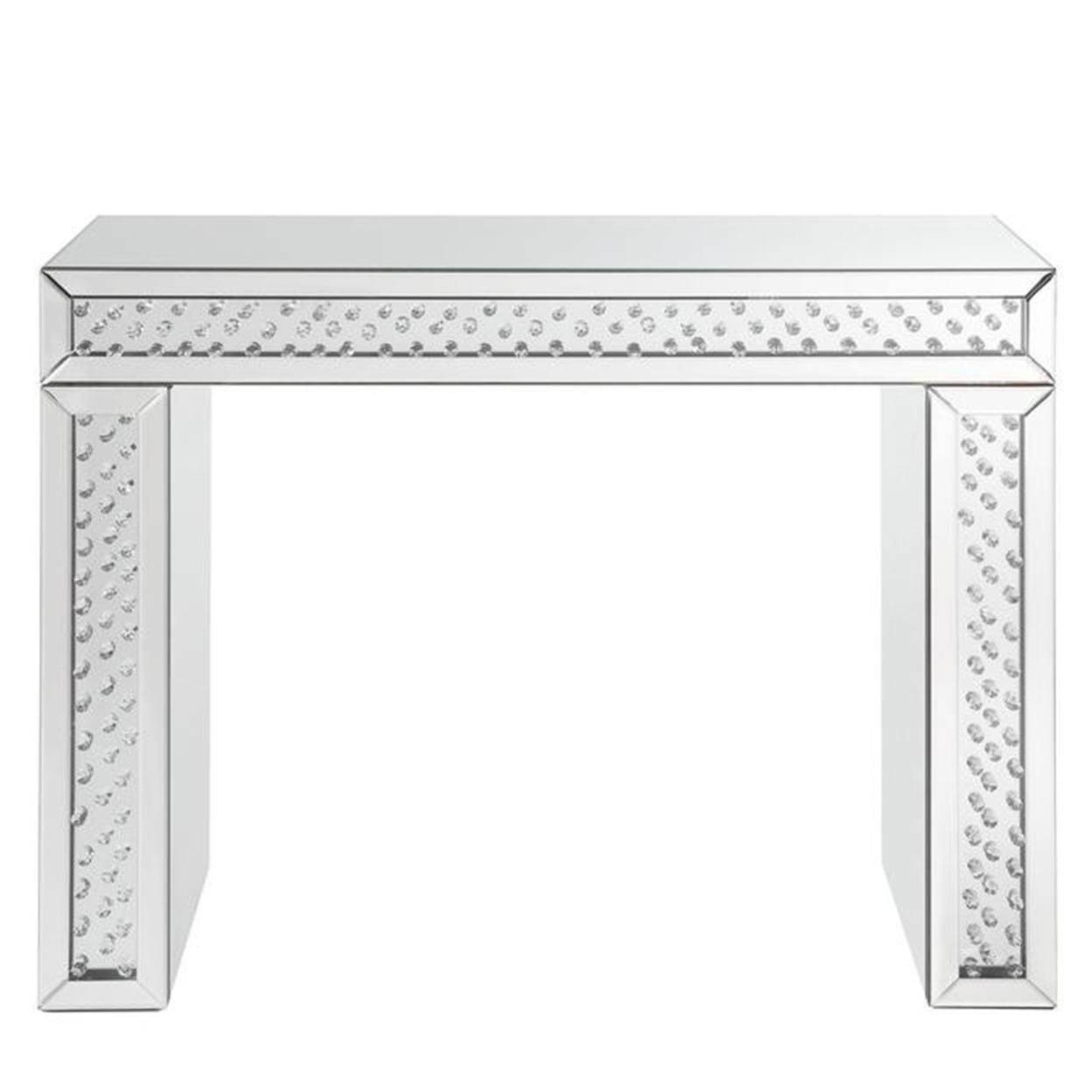 Mirror Accented Wood And Glass Vanity Desk With Faux Crystal Inlay, Silver- Saltoro Sherpi