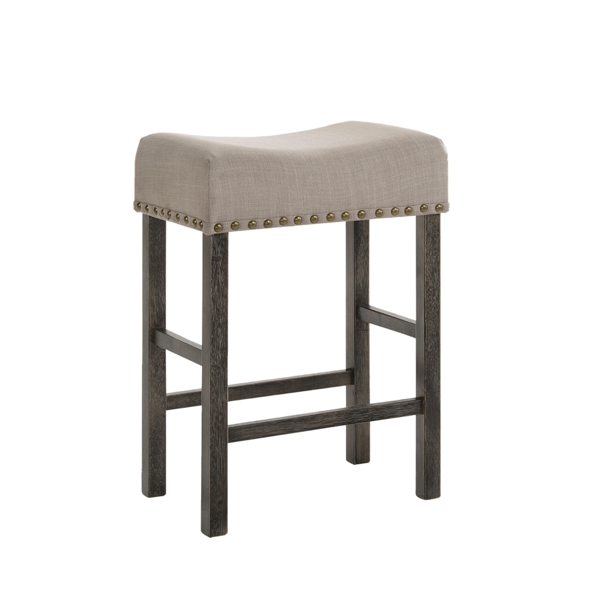 Wooden Counter Height Stool With Linen Upholstered Saddle Seat, Set Of 2, Beige And Gray- Saltoro Sherpi