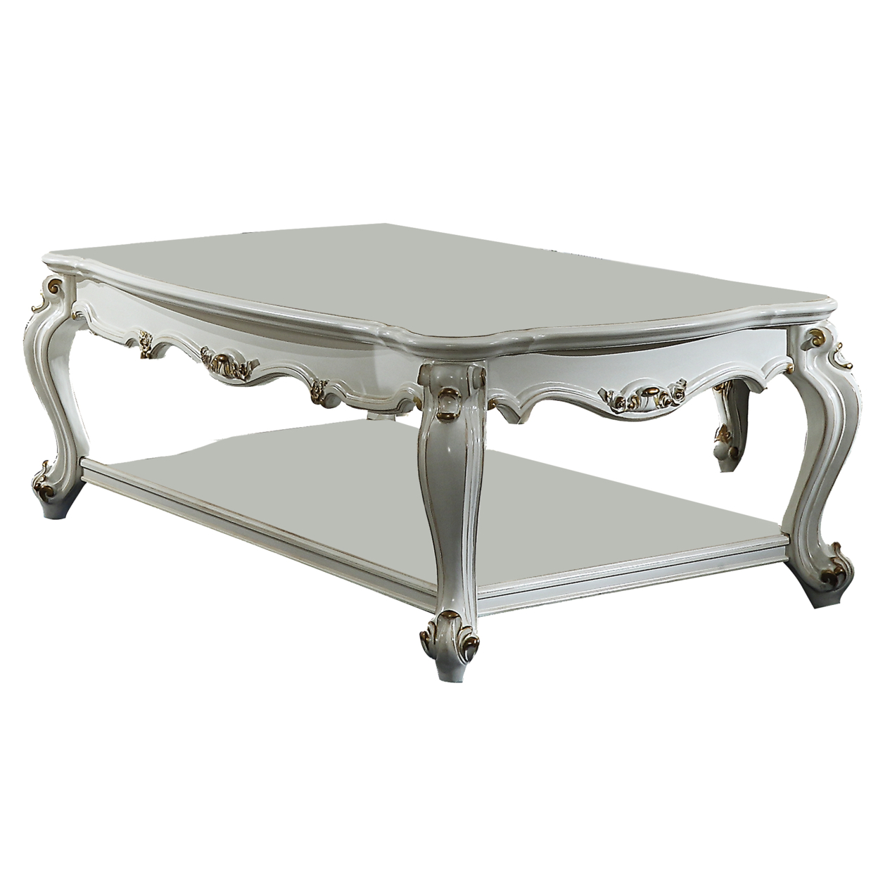 Traditional Style Wooden Coffee Table With Polyresin Carvings And Bottom Shelf, White- ACME