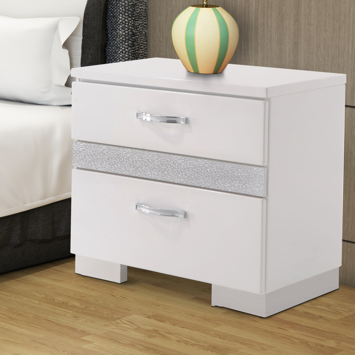 Nightstand With Three Center Metal Glide Drawers In White Gloss Finish- ACME