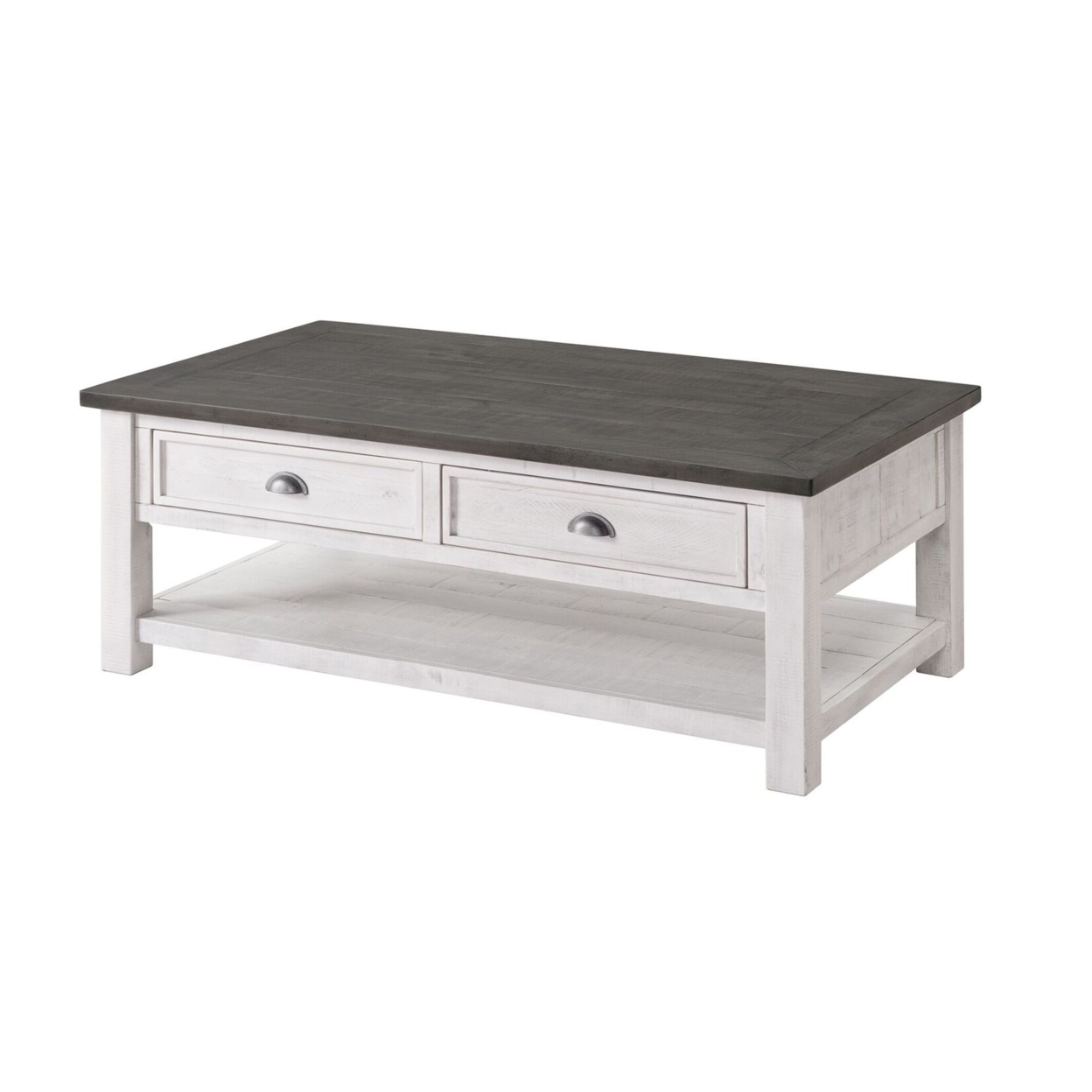 Coastal Rectangular Wooden Coffee Table With 2 Drawers, White And Gray- Saltoro Sherpi