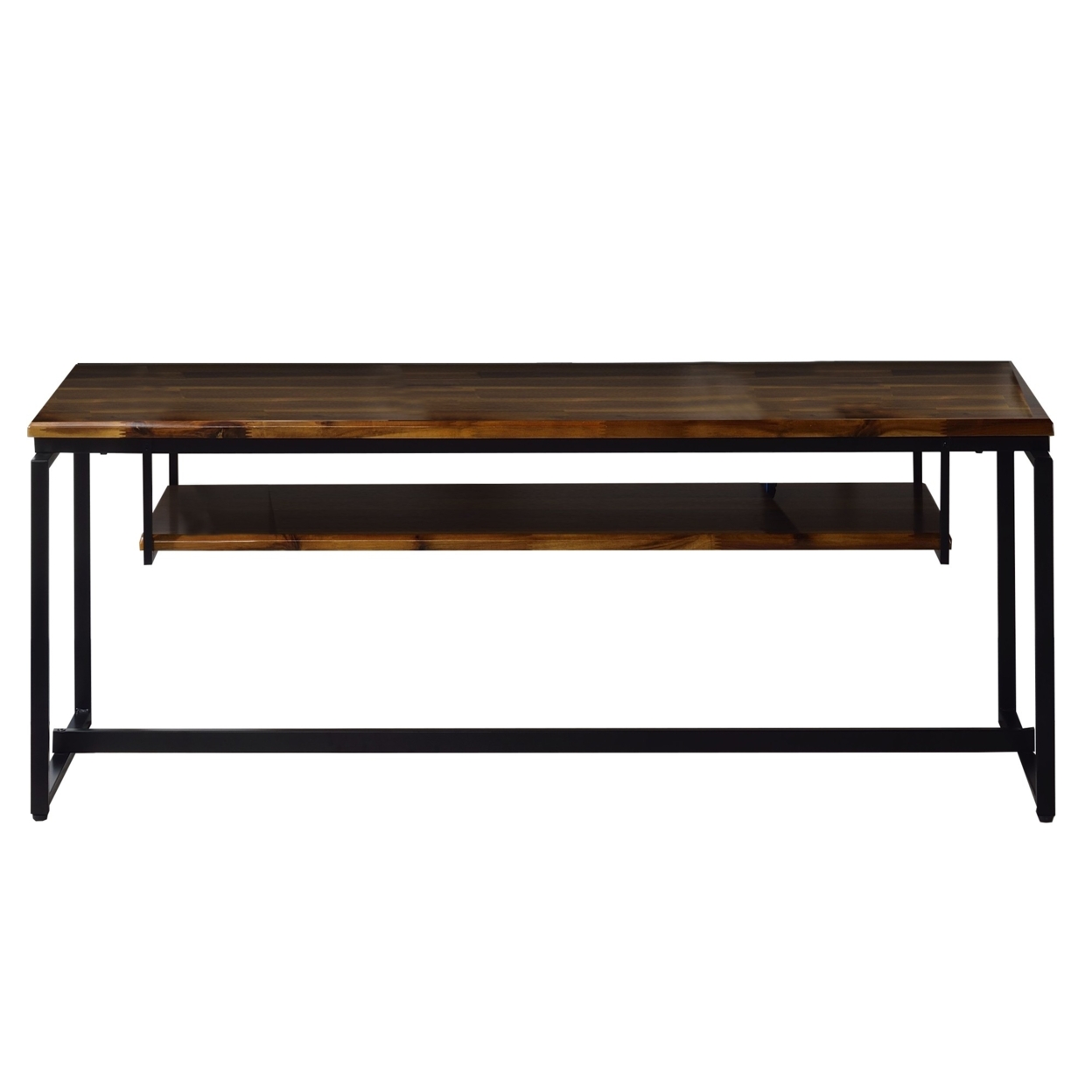 Metal TV Stand Wooden Tabletop With And Open Shelf, Black And Brown- Saltoro Sherpi