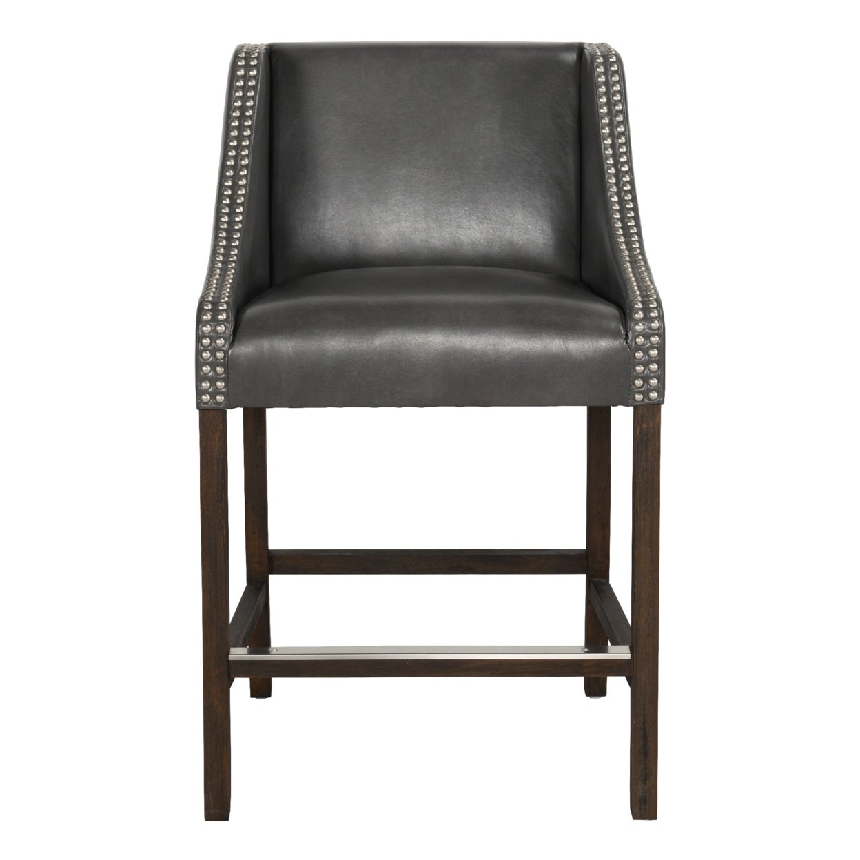 Wood And Leatherette Counter Height Stool With Swooping Arms And Nail Head Trim, Gray- Saltoro Sherpi