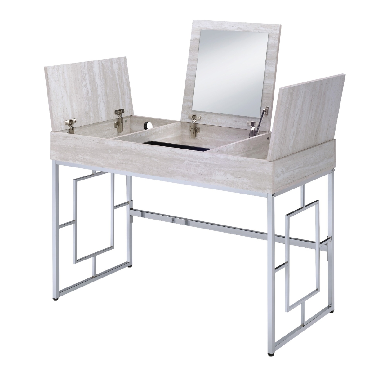 Wood And Metal Vanity Desk With Lift Top Compartments,Silver And Brown- Saltoro Sherpi