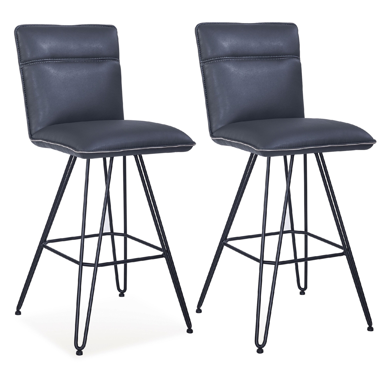 Saltoro Sherpi Metal Leather Upholstered Bar Height Stool with Hairpin Style Legs, Set of 2, Blue and Black