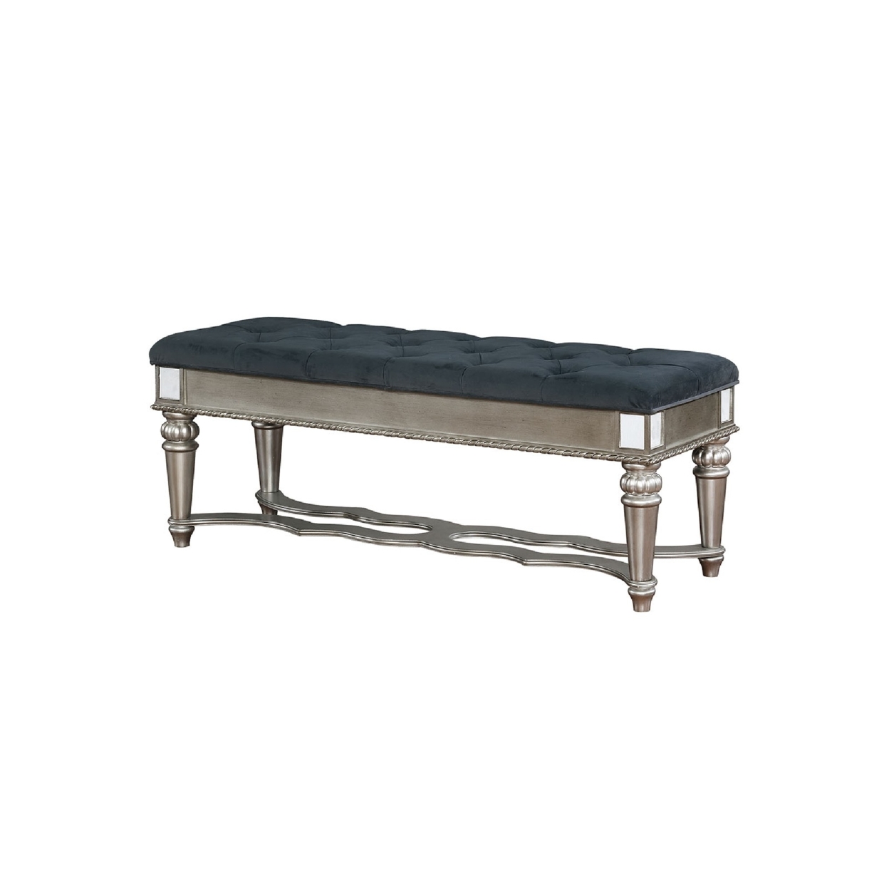 Traditional Style Solid Wooden Bench With Tufted Seat, Silver And Blue- Saltoro Sherpi