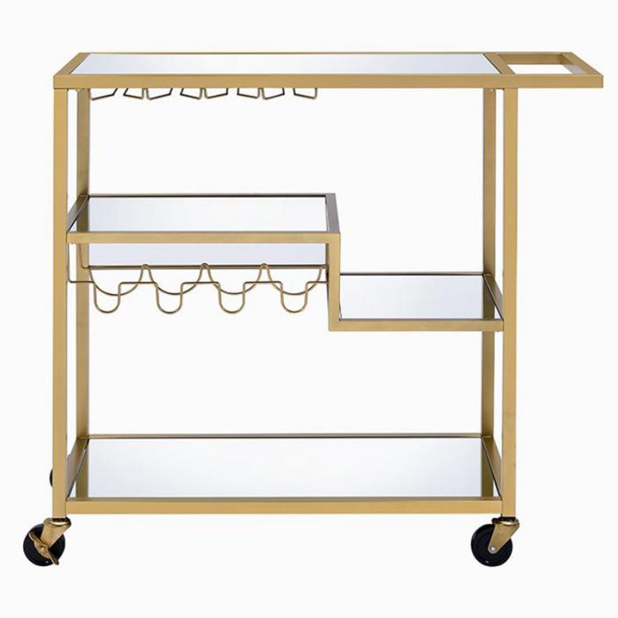 Metal Framed Serving Cart With Wine Bottle Holder And Stemware, Gold And Clear- Saltoro Sherpi