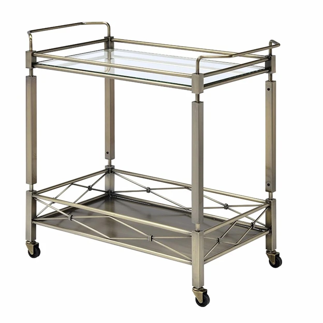 Two Tiered Metal Serving Cart With Glass Shelves And Side Rails, Antique Gold- Saltoro Sherpi