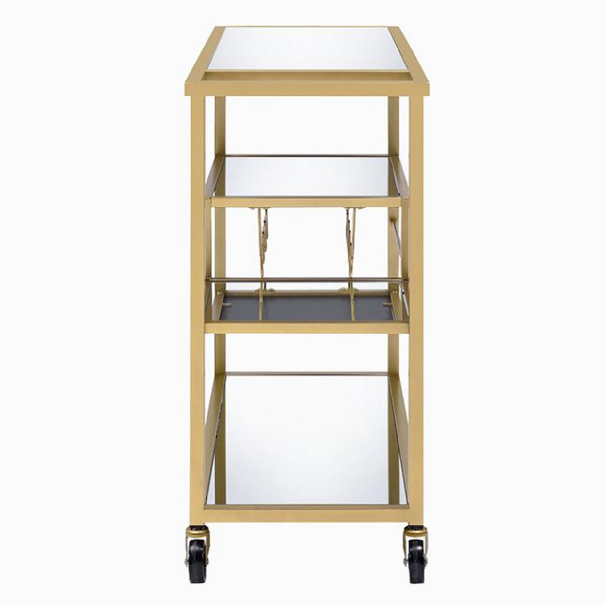 Metal Framed Serving Cart With Wine Bottle Holder And Stemware, Gold And Clear- Saltoro Sherpi