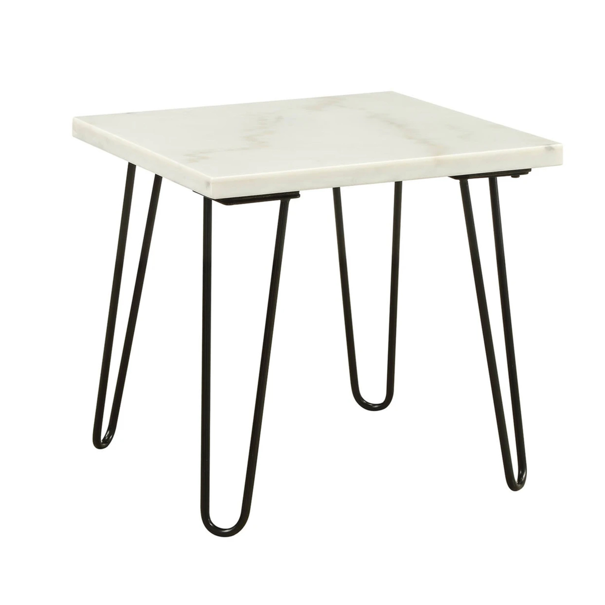 Marble Top End Table With Hairpin Style Metal Legs, White And Black- Saltoro Sherpi