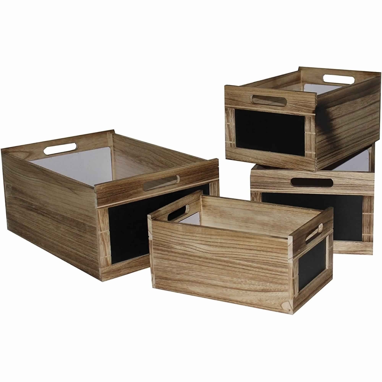 Chalkboard Inserted Wooden Storage Box With Cutout Handles, Set Of 4,Brown- Saltoro Sherpi