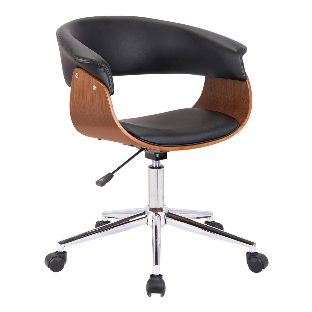 Curved Faux Leather Office Chair With Wooden Support And Star Base, Black- Saltoro Sherpi