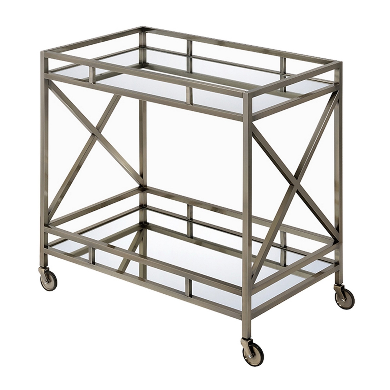 Metal Framed Two Tier Serving Cart With X Shaped Side Panels, Mirrored, Antique Gold- Saltoro Sherpi