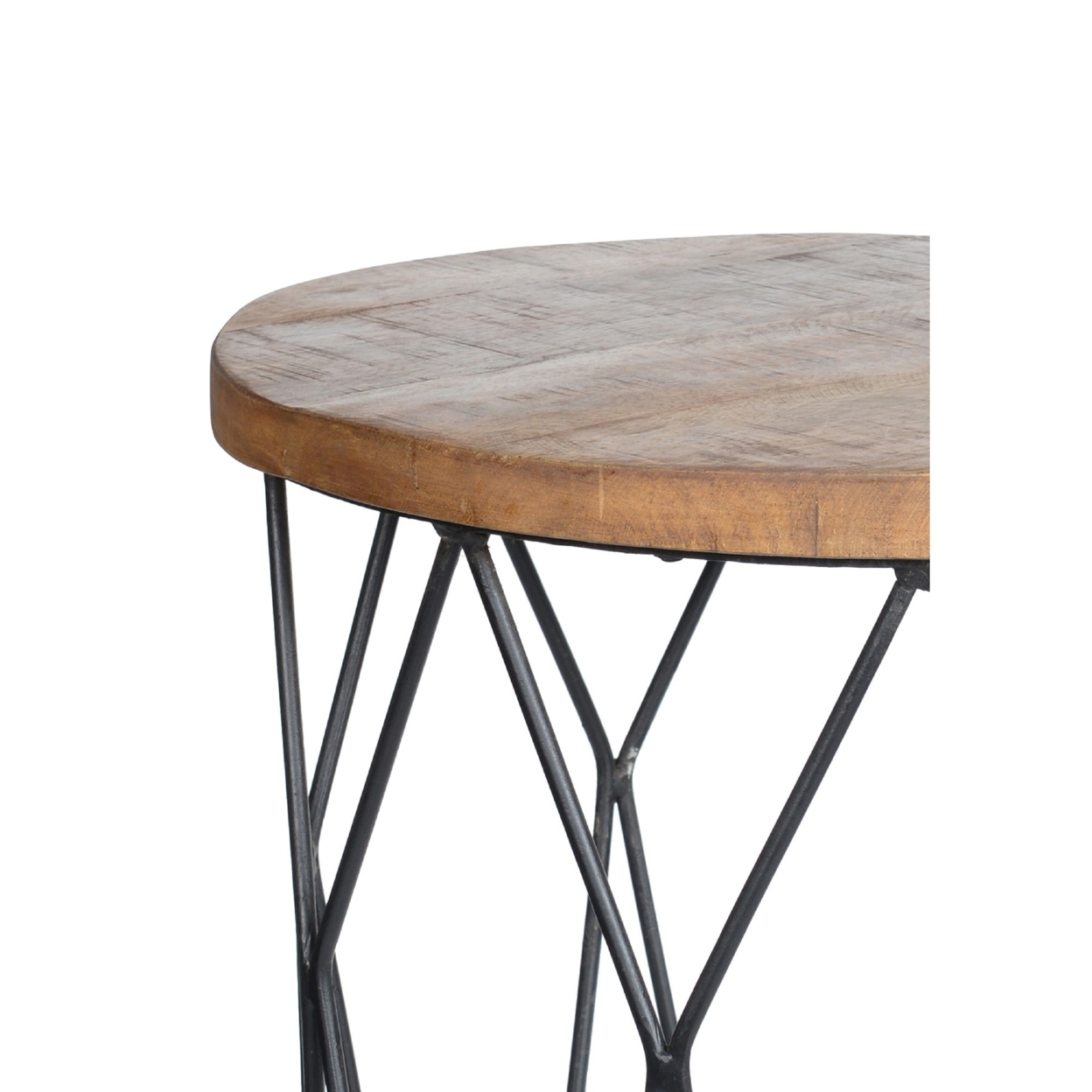 Round Mango Wood End Table With Iron Geometric Base, Black And Brown- Saltoro Sherpi