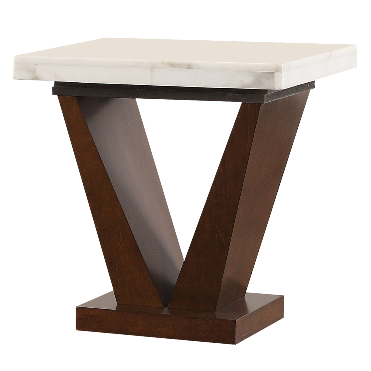 Square Marble Top End Table With Wooden V Shape Base, White And Brown- Saltoro Sherpi