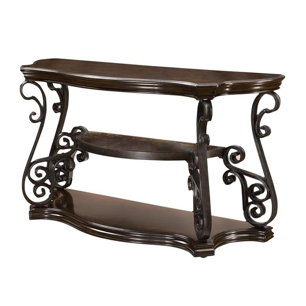 Traditional Solid Sofa Table With Glass Inset, Metal Scrolls & 2 Shelves, Brown- Saltoro Sherpi