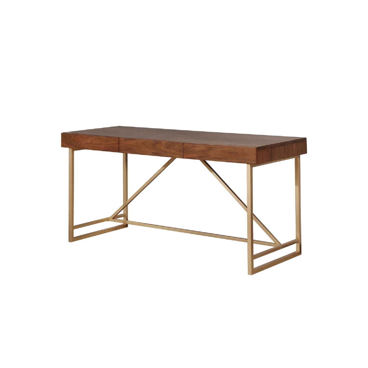 Modern Style Wooden Writing Desk With Unique Metal Legs, Walnut Brown And Gold- Saltoro Sherpi