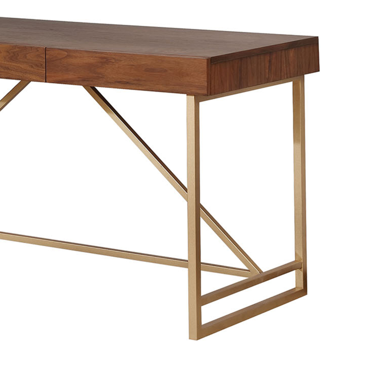 Modern Style Wooden Writing Desk With Unique Metal Legs, Walnut Brown And Gold- Saltoro Sherpi