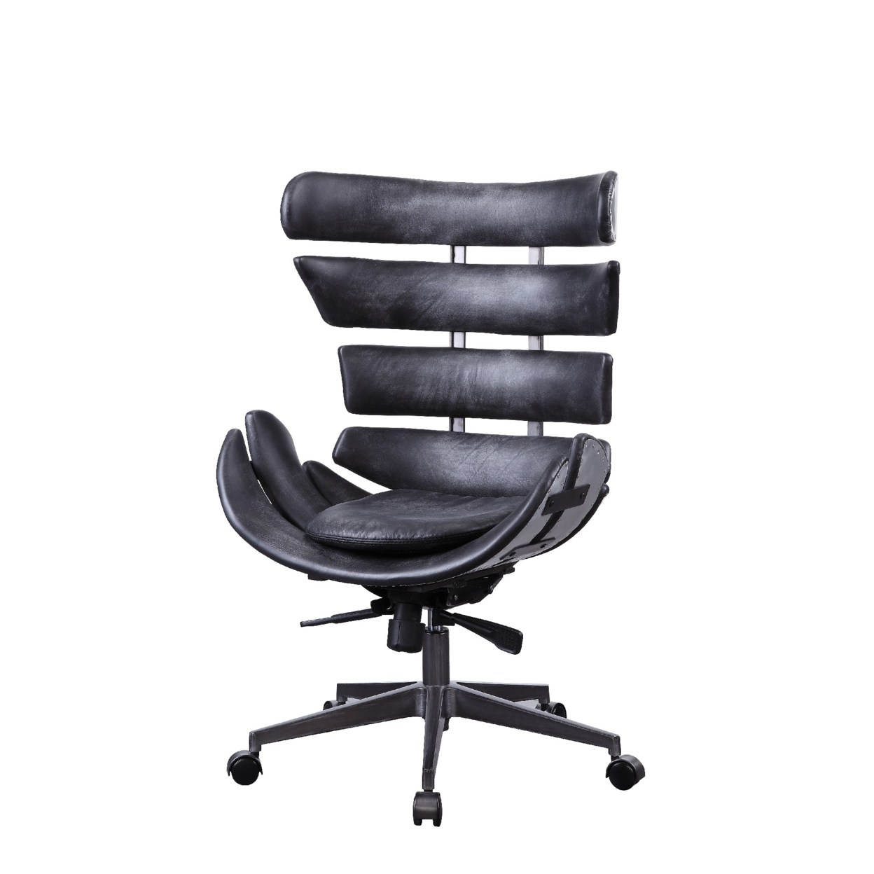 Metal Framed Wingback Office Chair With Leatherette Upholstered Horizontal Panels, Black And Gray- Saltoro Sherpi