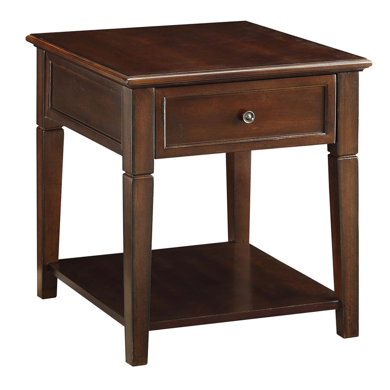 Wooden End Table With One Drawer And One Shelf, Walnut Brown- Saltoro Sherpi
