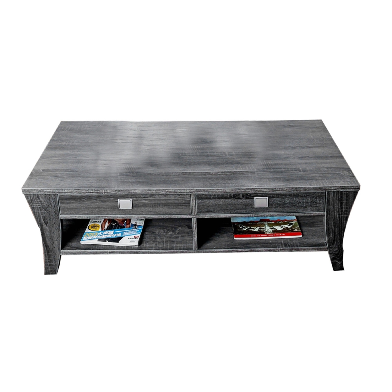 Low Rise Coffee Table With Drawers And Bottom Shelves, Gray- Saltoro Sherpi
