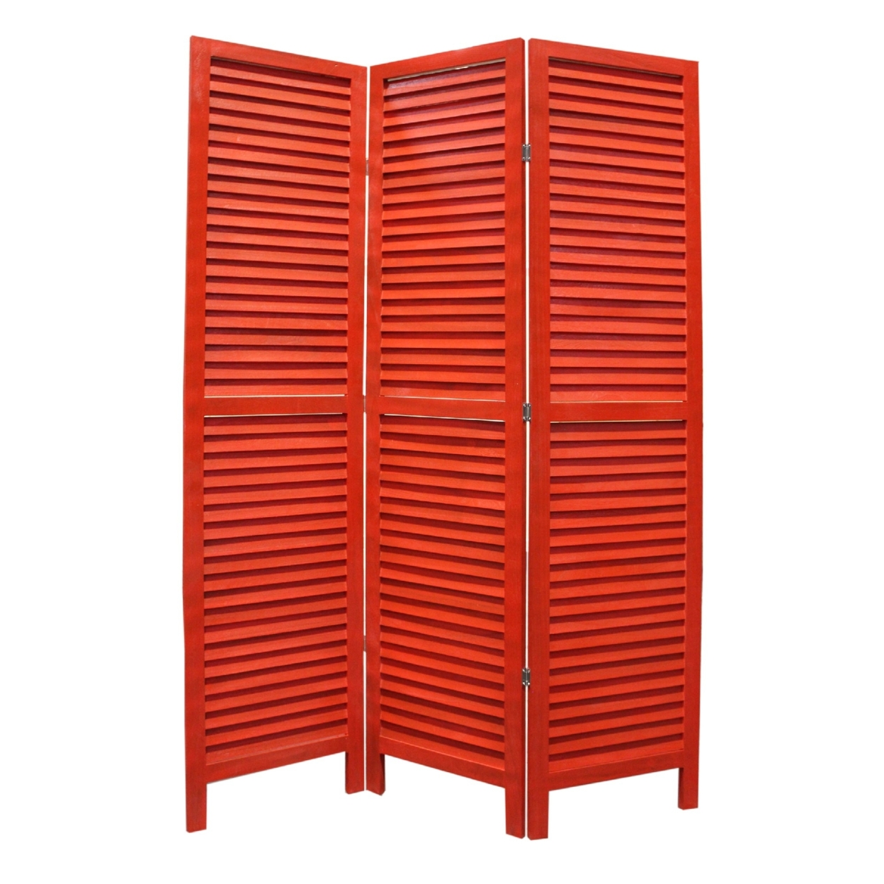 3 Panel Foldable Wooden Shutter Screen With Straight Legs, Red- Saltoro Sherpi