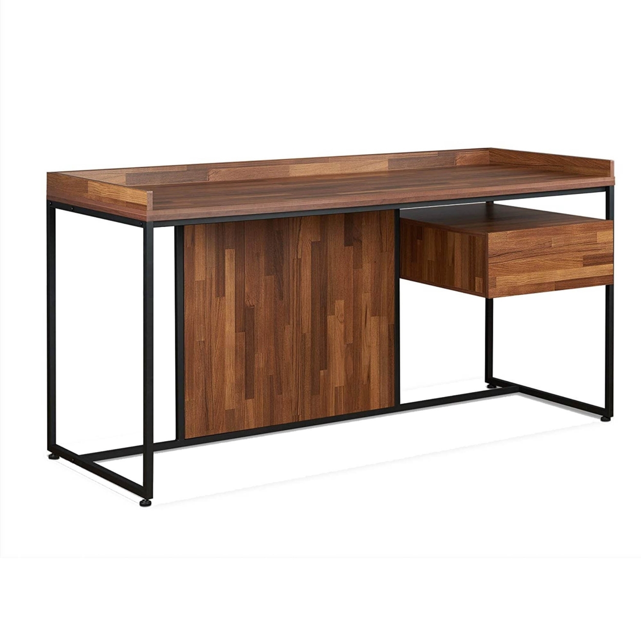 Wooden Top Desk With Rectangular Metal Frame, Walnut Brown & Sandy Black- Saltoro Sherpi