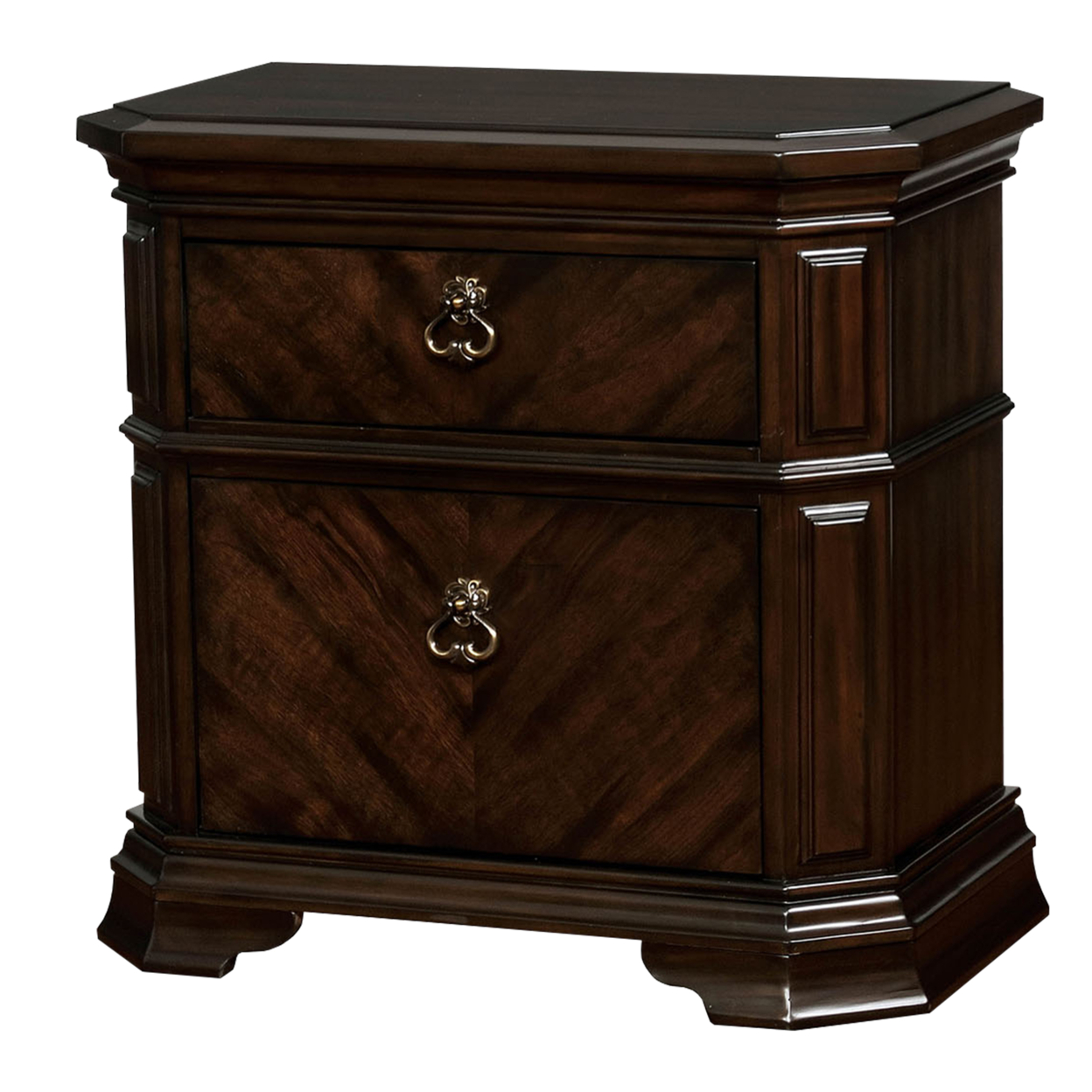 Two Drawer Solid Wood Nightstand With Clipped Corner, Espresso Brown- Saltoro Sherpi