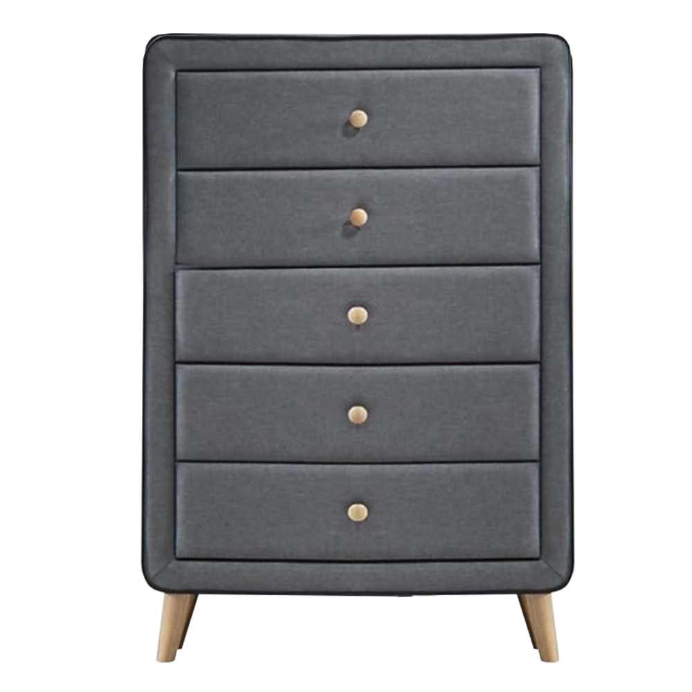 Transitional Style Wood And Fabric Upholstery Chest With 5 Drawers, Gray- Saltoro Sherpi