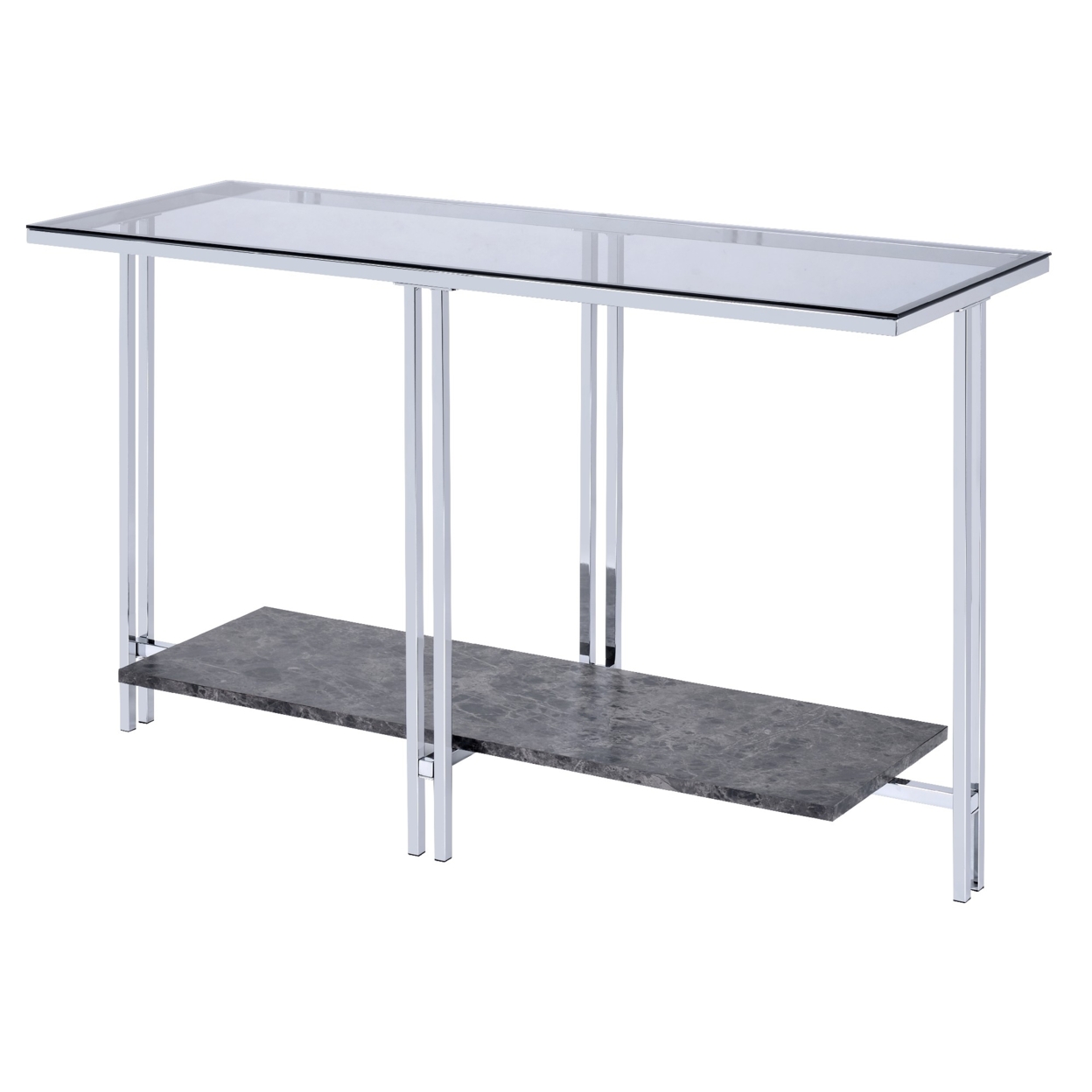 Glass Top Metal Sofa Table With Marble Bottom Shelf, Silver And Clear- Saltoro Sherpi