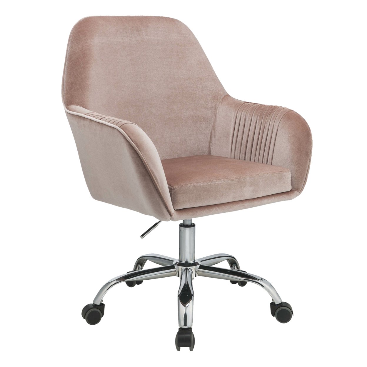 Adjustable Velvet Upholstered Swivel Office Chair With Slopped Armrests, Pink And Silver- Saltoro Sherpi