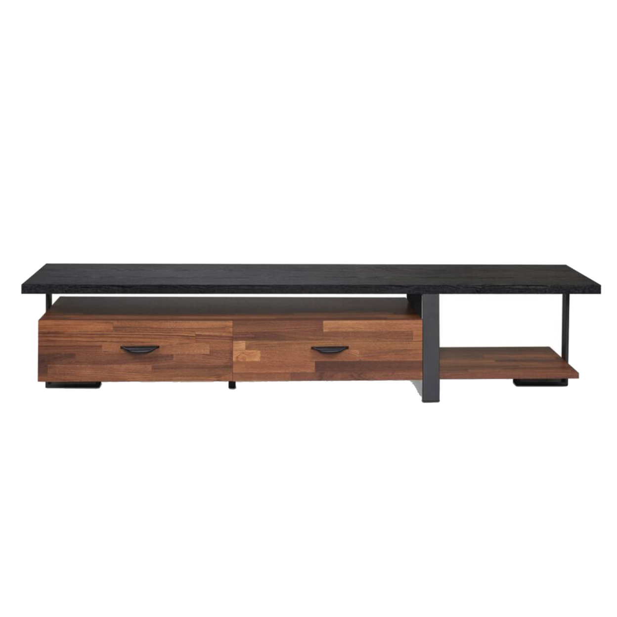 Metal Framed Wooden TV Stand Straight With Two Drawers And Open Shelf, Black And Brown- Saltoro Sherpi