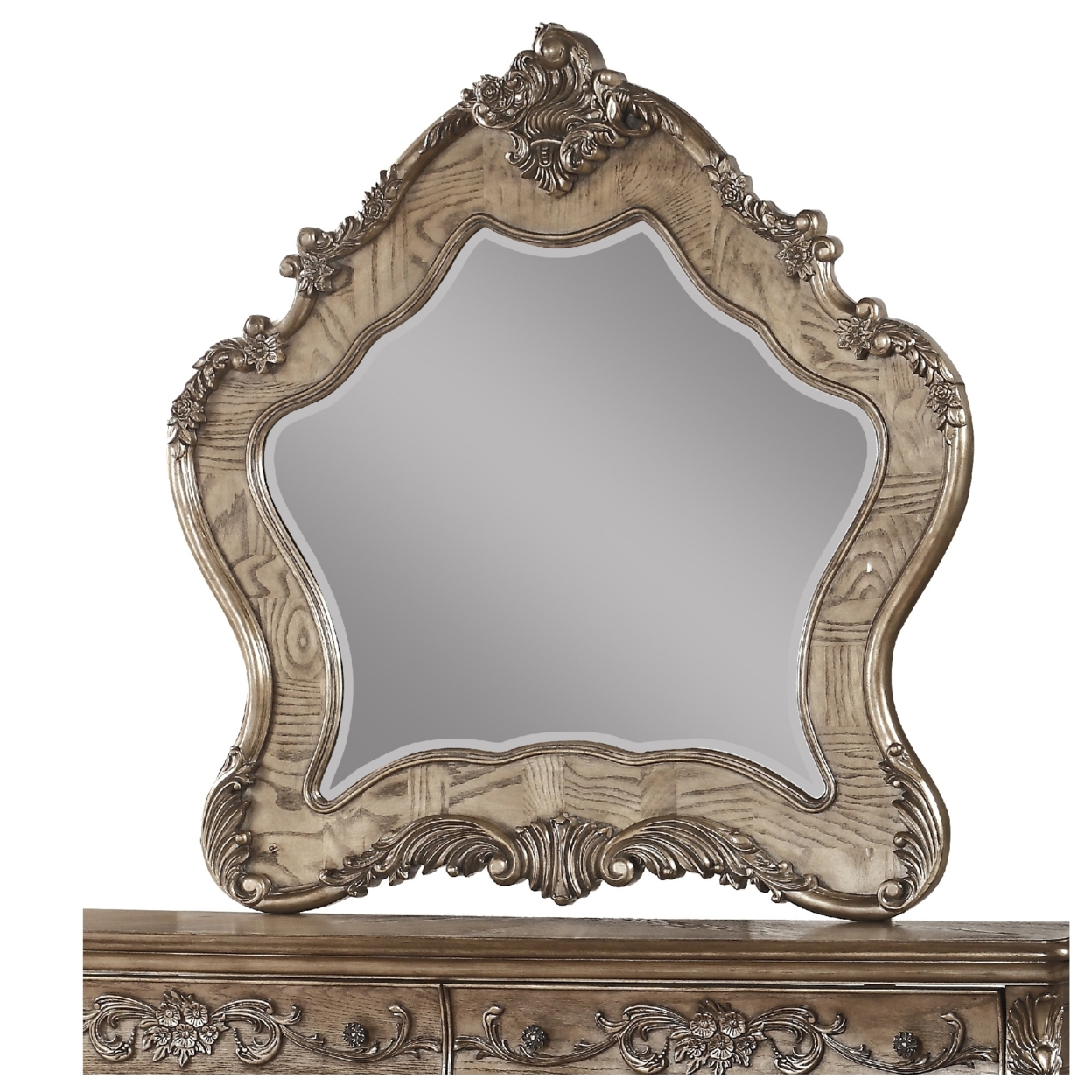 Wooden Mirror With Scrollwork Crown And Trim Details, Brown And Silver- Saltoro Sherpi