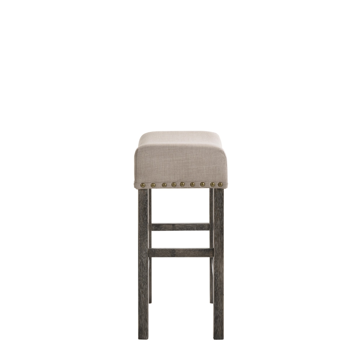 Wooden Counter Height Stool With Linen Upholstered Saddle Seat, Set Of 2, Beige And Gray- Saltoro Sherpi