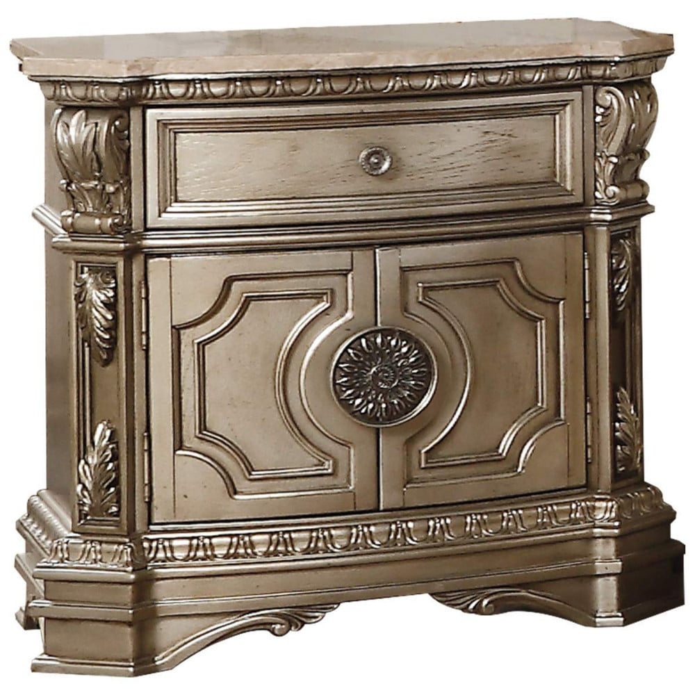 Marble Top Nightstand With One Drawer And Two Door Shelf, Antique Champagne- Saltoro Sherpi