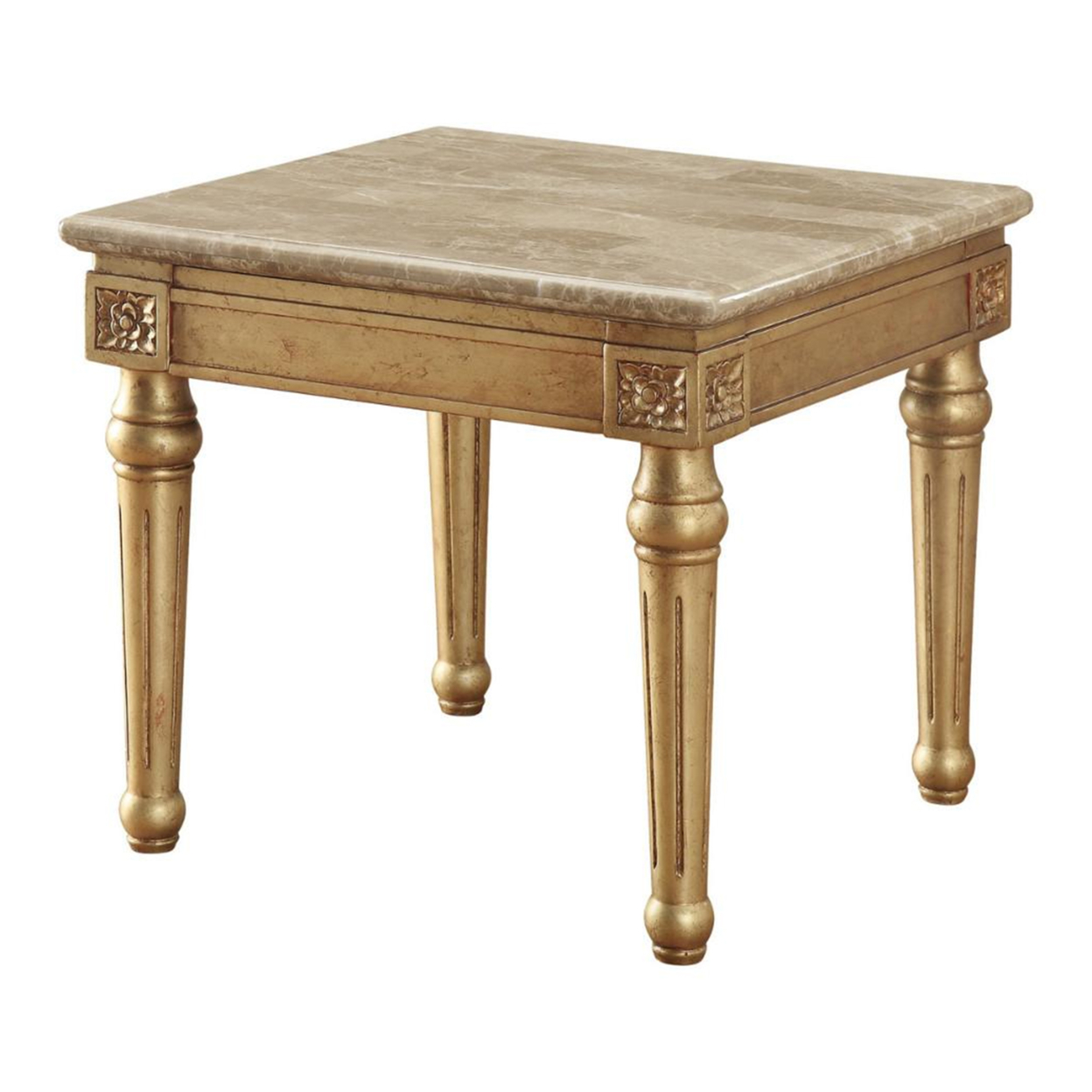 Marble Top End Table With Fluted Detail Wooden Turned Legs, Gold- Saltoro Sherpi