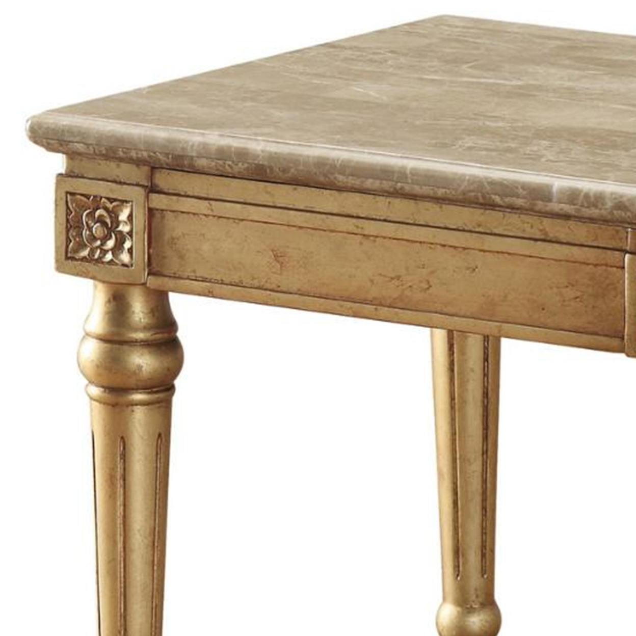 Marble Top End Table With Fluted Detail Wooden Turned Legs, Gold- Saltoro Sherpi