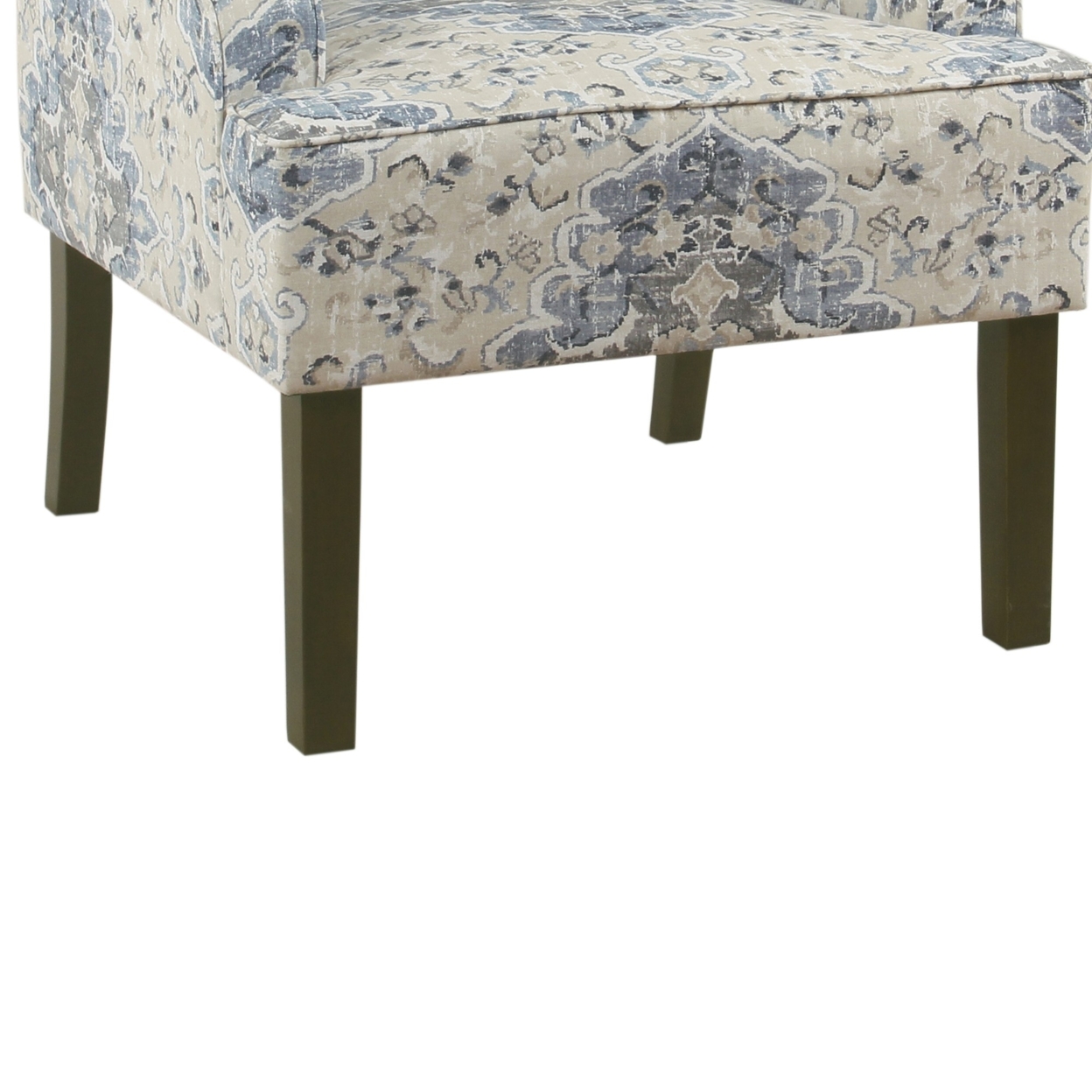 Fabric Upholstered Wooden Accent Chair With Swooping Armrests, Blue, Cream And Brown- Saltoro Sherpi