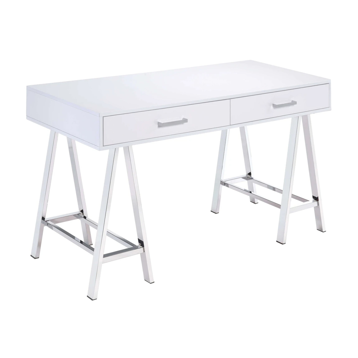 Rectangular Two Drawers Wooden Desk With Saw Horse Metal Legs, Silver And White- Saltoro Sherpi