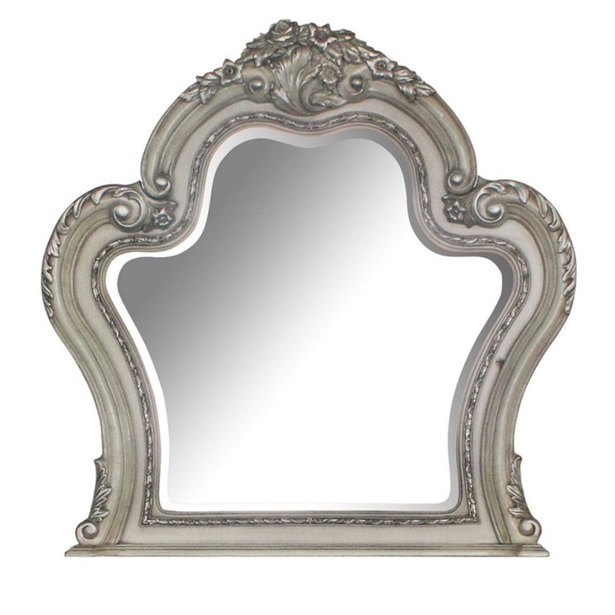 Arch Shape Wooden Frame Wall Mirror With Carved Details, Antique Silver- Saltoro Sherpi
