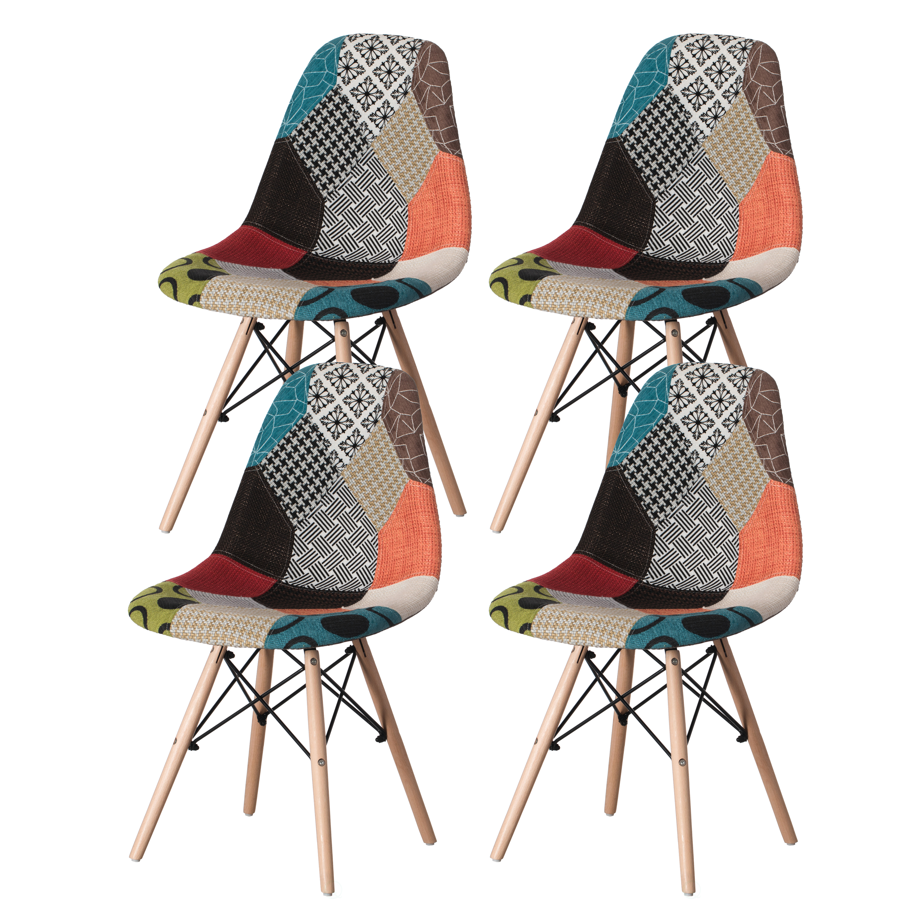 Modern Fabric Patchwork Chair With Wooden Legs For Kitchen, Dining Room, Entryway, Living Room - Set Of 4