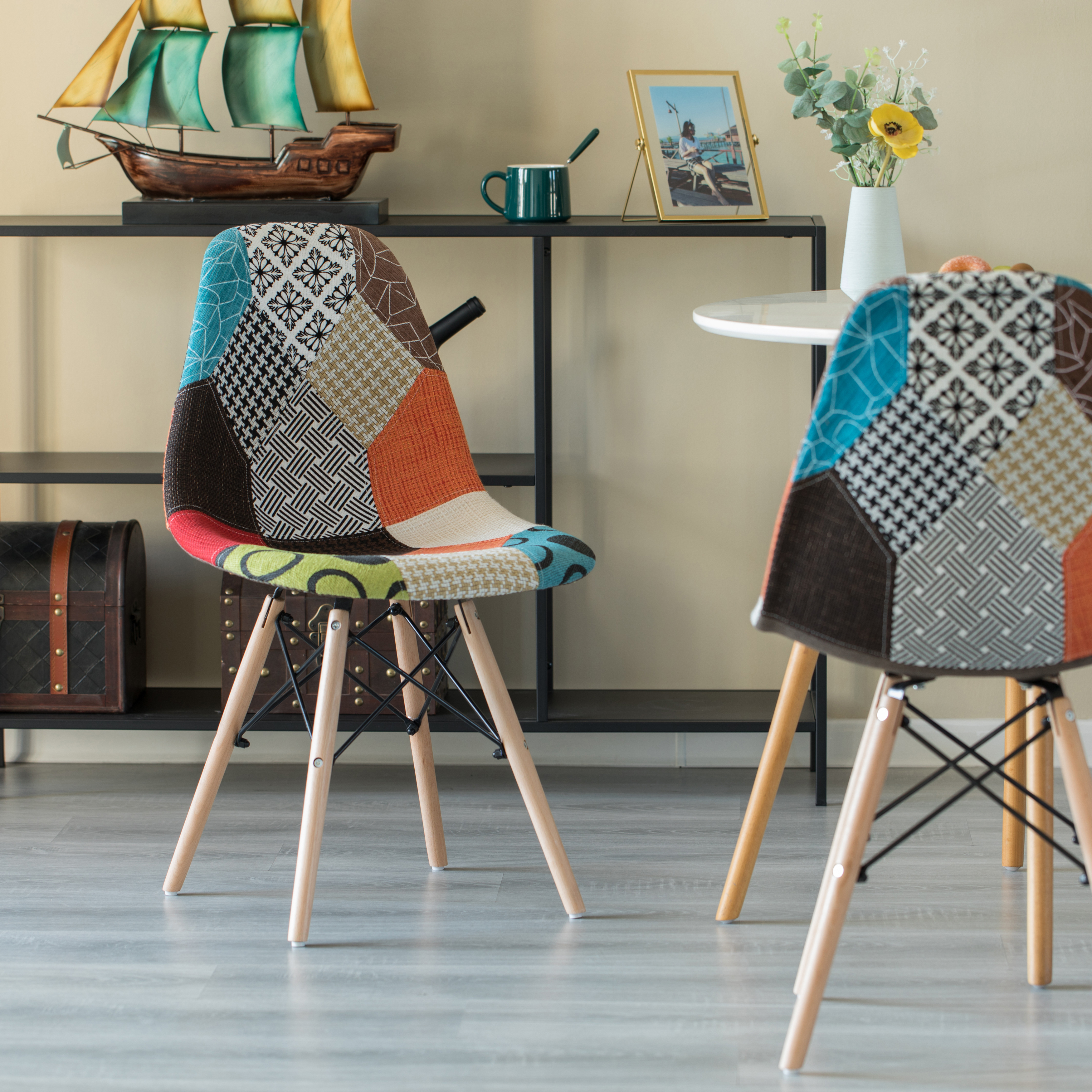 Modern Fabric Patchwork Chair With Wooden Legs For Kitchen, Dining Room, Entryway, Living Room - Single