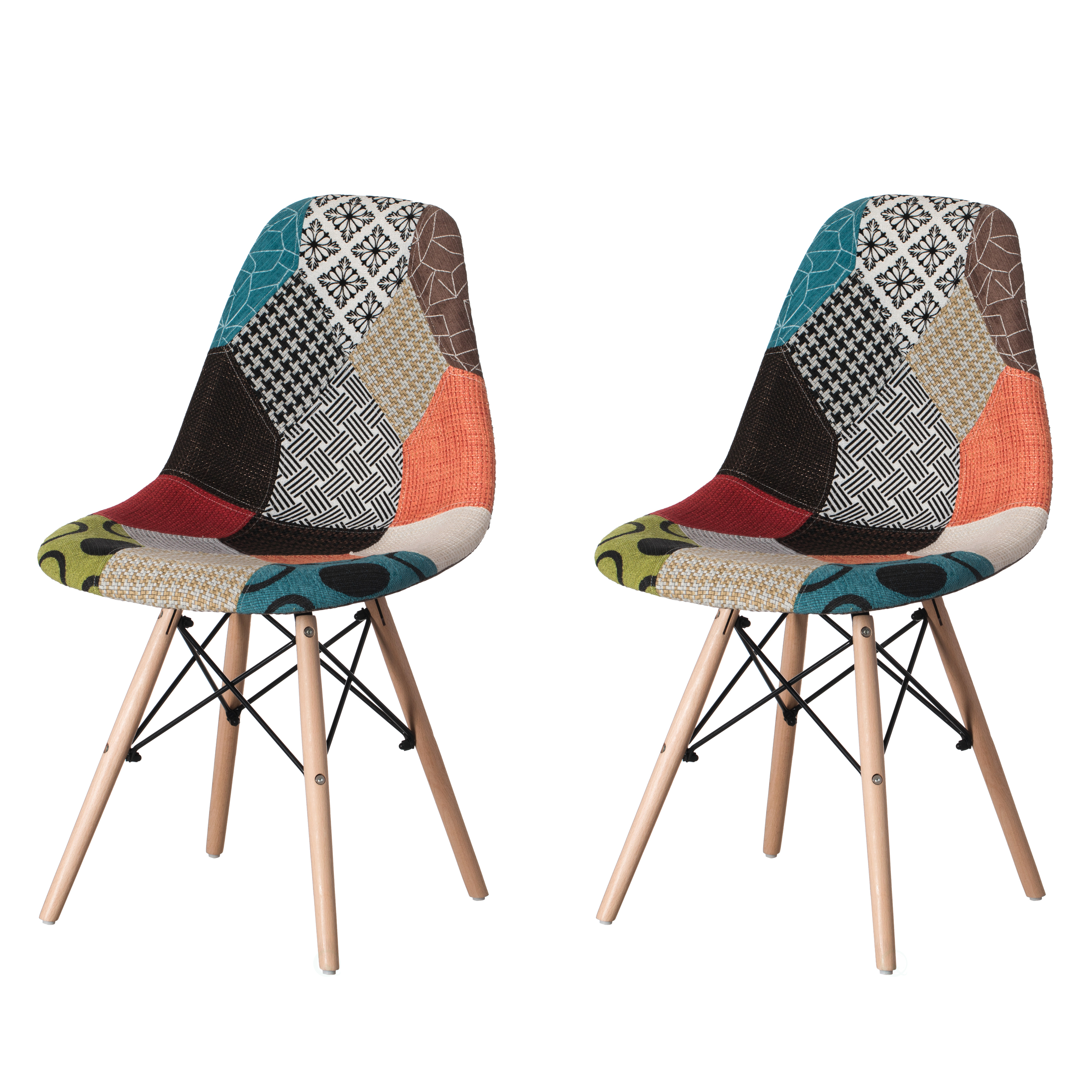 Modern Fabric Patchwork Chair With Wooden Legs For Kitchen, Dining Room, Entryway, Living Room - Set Of 2