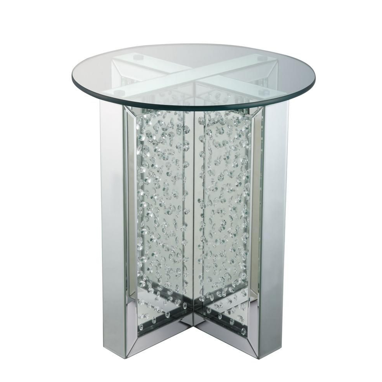 Round Mirrored Metal End Table With Glass Top And Crystal Accent Base, Silver- Saltoro Sherpi