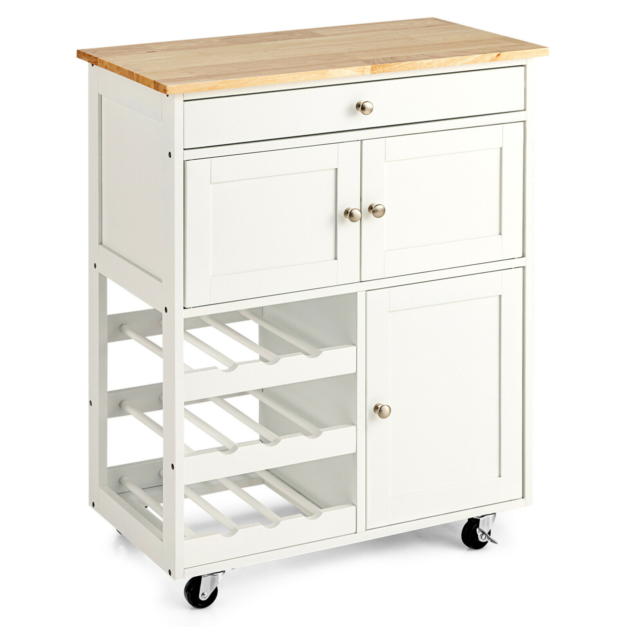 Rolling Kitchen Island Serving Cart Storage Cabinet W/ Wine Rack - White
